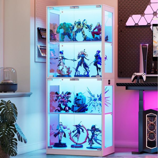 TWSOUL Glasvitrine LED Standvitrine mit Intelligente Sensorik und Pop-up-Design bis 100kg 4-Lagen Standregal mit Glastür, Hochschrank Vitrine für Sammler