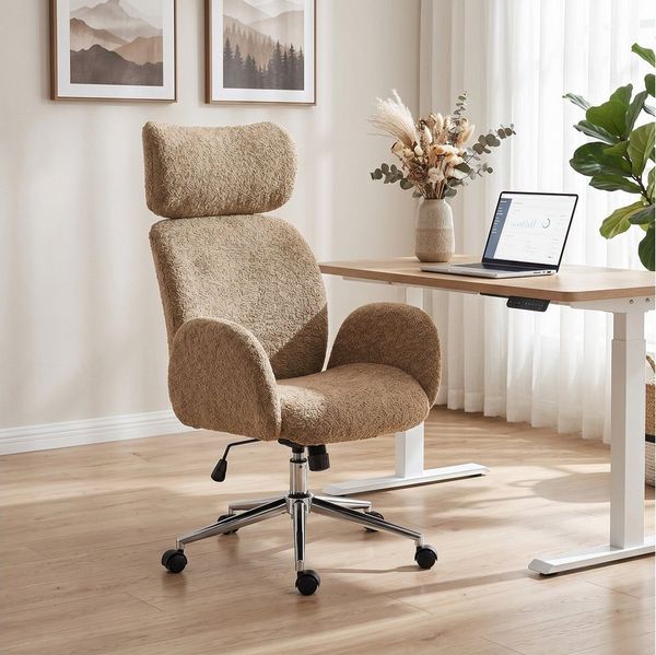 HOMCOM Bürostuhl mit Armlehne, verstellbarer Kopfstütze (Homeoffice Stuhl, 1 St), mit Wippfunktion, Bouclé-Optik, Braun