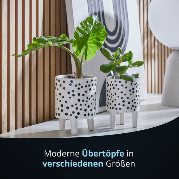 KHG Übertopf 12 cm Durchmesser, Weiß gepunktet, 3 Beinen, 12x12 cm Blumentopf rund verspielt aus Dolomite-Gestein Keramik, Pflanzenkübel klein glänzend, glatte Oberfläche, runde Kanten