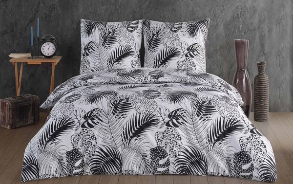 Buymax Bettwäsche Bettbezug-Set Exotic 100% Baumwolle, Baumwolle, 2 teilig, 155x220 cm Renforce mit Reißverschluss Weiß Schwarz Monstera Blätter