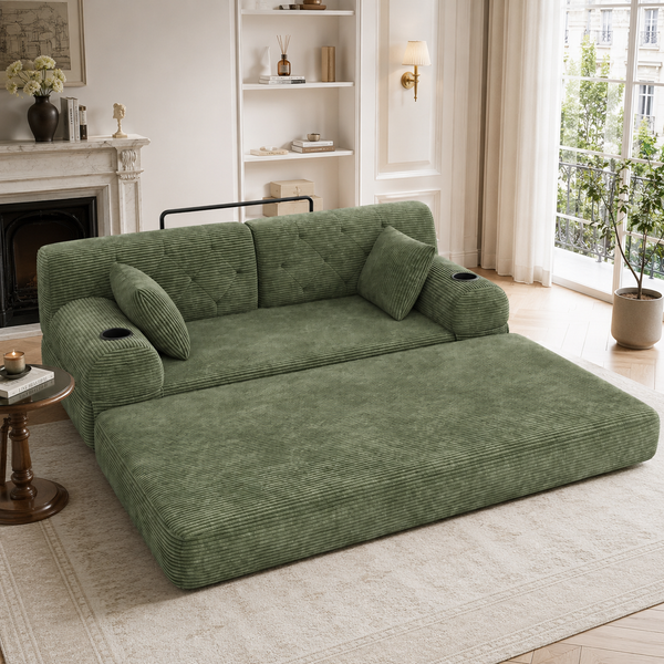 2-Sitzer Schlafsofa Cord, hohe Lehne, 2 Getränkehalter, 4 Taschen, Grün