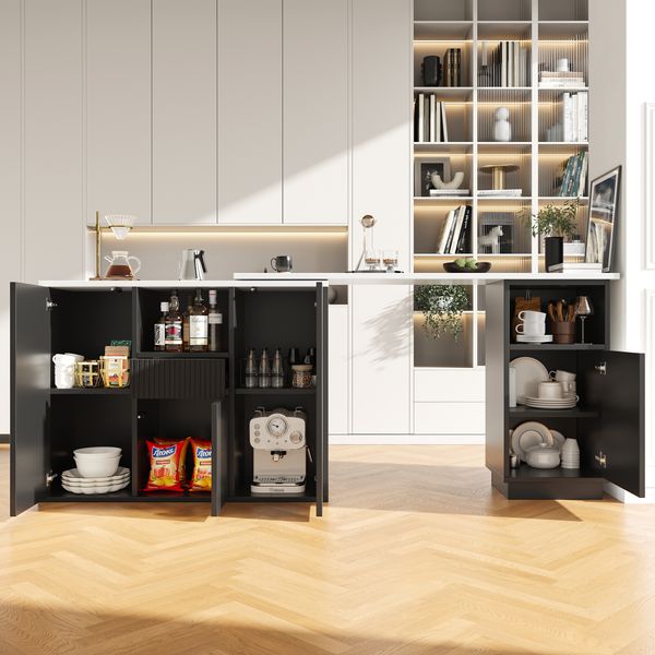 Sideboard B 210 x T 30 x H 100,9 cm, 360° drehbar, Marmoroptik Arbeitsplatte, schwarz
