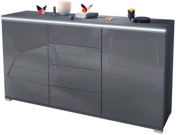 Sideboard Kommode Faro, Korpus in Schwarz matt / Front in Grau Hochglanz (139 x 72 x 35)