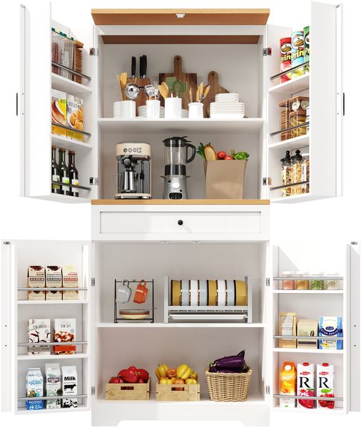 MODFU Hochschrank Küchenschrank,Vitrinenschrank,Buffetschrank (mit 12 Türfächern & Schubladen, 4-stufiges verstellbares Snack-Regal, Anti-Kipp-Schutz, 1-St, 80x40x180cm)