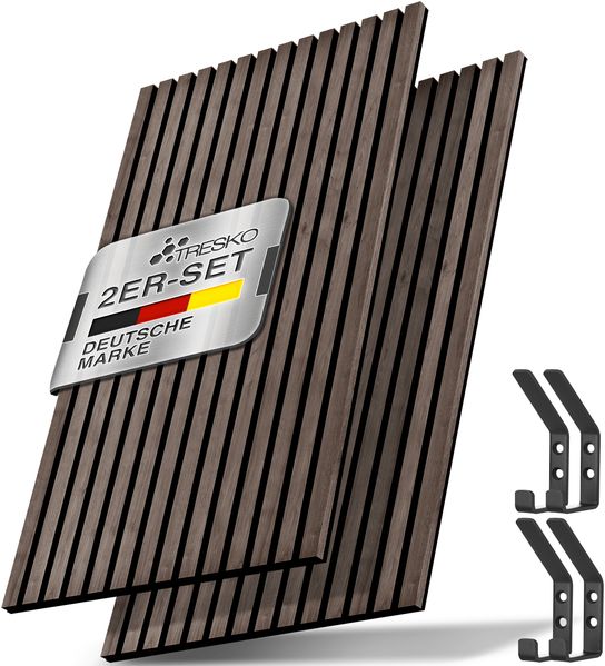 TRESKO® 2 Stück Akustikpaneele Holz 120×60 cm inkl. 4x Kleiderhaken | Wandverkleidung Nussbaum als 3D Lamellenwand | Holzpaneele Paneele für Schallschutz | Akustik Wandpaneele mit Montageset