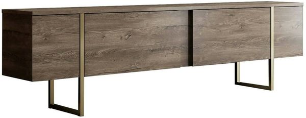 Dmora Fernsehschrank Abishia, Ständer für Wohnzimmerfernseher, Niedriges Wohnzimmer-Sideboard, TV-Ständerbasis, 180x30h50 cm, Walnuss und Gold