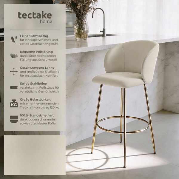 tectake Barhocker Barstuhl Luana, mit Rückenlehne, Samtoptik, 51 x 60 x 106 cm, Belastbarkeit 120 kg