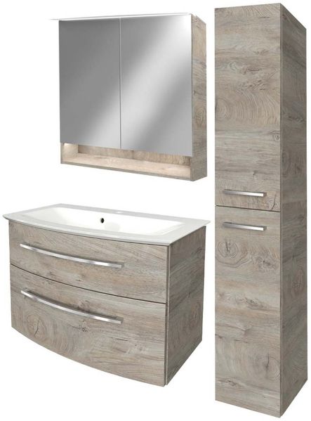 FACKELMANN B.STYLE Badmöbel Set 4-teilig 83 cm breit, Braun hell + LED Spiegel Spiegelschrank+ Hochschrank Türanschlag rechts
