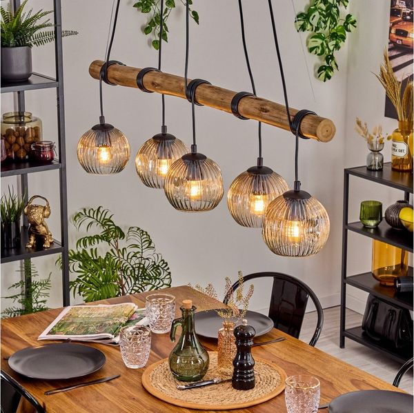 hofstein Pendelleuchte Hängelampe aus Metall/Holz/Riffelglas in Schwarz/Natur/Bernstein/Klar, ohne Leuchtmittel, Hängeleuchte im Retro/Boho Design mit Glasschirmen und Holzbalken, E27