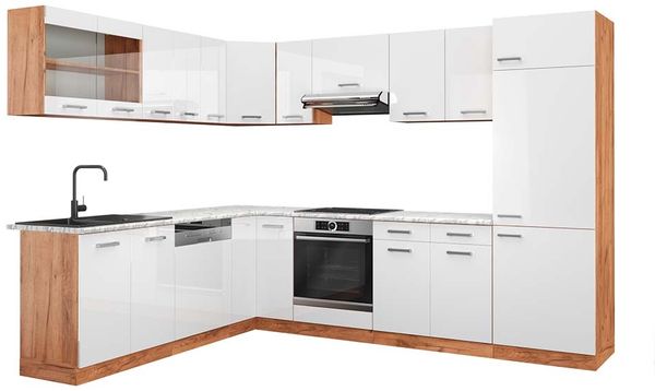 Eckküche R-Line Weiß Hochglanz/Goldkraft Eiche 287 x 60 cm , AP Marmor Vicco