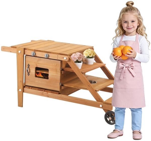 Novelux Matschküche Kinder Outdoor mit Rollen 59 x 60,4 x 132 cm – Holz-Spielküche Natur mit Backofen, Zubehör, EN71, Gartenküche ab 3 Jahren für Garten