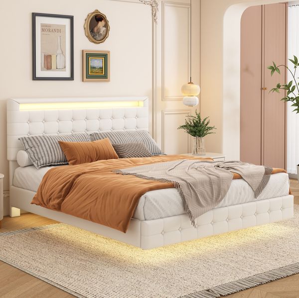 Polsterbett 140x200 cm mit LED-Beleuchtung – Flachbett aus PU und MDF in Weiß