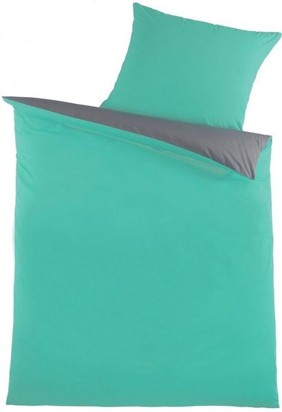 KH-Haushaltshandel Bettwäsche Renforce Baumwoll Bettwäsche, 135x200 + 80x80cm, uni Wende, Renforcé, eine Seite uni petrolgrün, die andere Seite uni grau, 100% Baumwolle