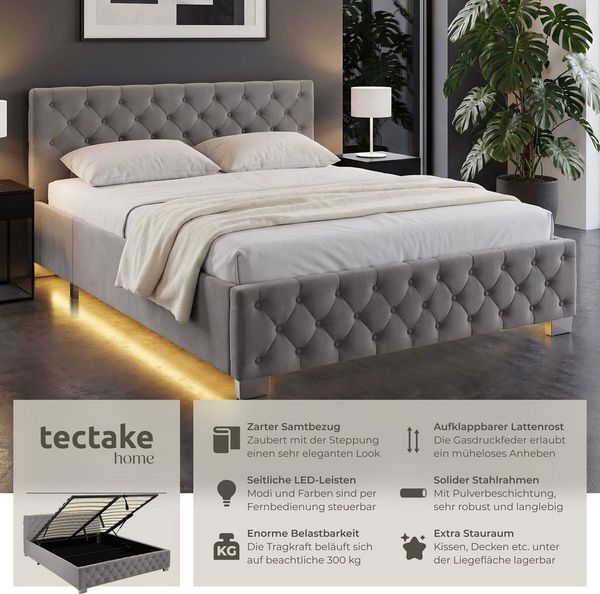 tectake Polsterbett Komfortbett mit LED-Leisten & Stauraum - Samtoptik mit Steppmuster (Bettset, in Dunkelgrau), stabiler Stahlrahmen, Belastbarkeit 300 kg