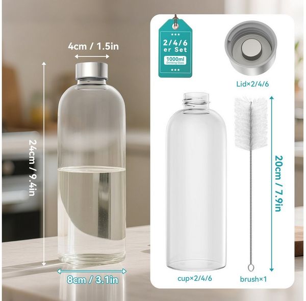 FIVMEN Trinkflasche Glasflaschen mit Deckel Bottle Luftdicht Glaswasserflasche 1000ml, 2/4/6er Glaswasserflasche Glastrinkflasche Saftflaschen inkl Bürste