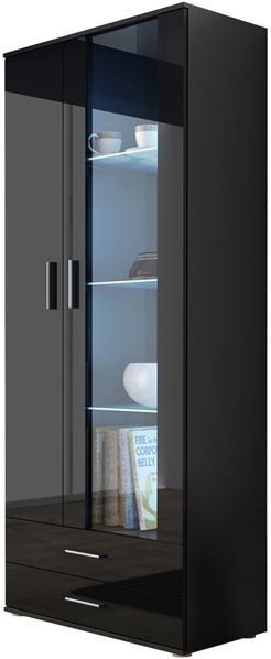 Vitrine Soho S06 (Farbe: Schwarz / Schwarz Hochglanz, mit blauer LED Beleuchtung)