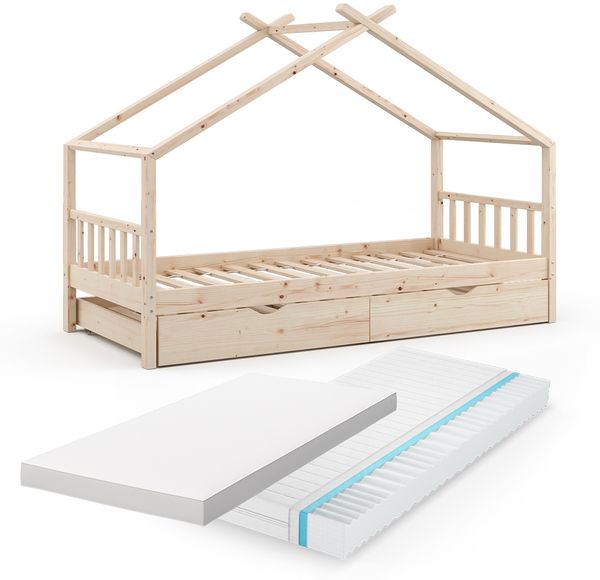 Hausbett Design Naturholz 90x200 cm mit Gästebett und 2 Matratzen Vitalispa