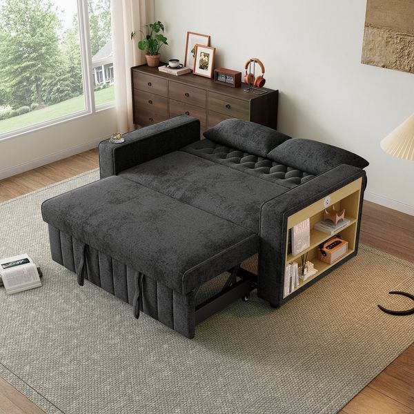 Merax Schlafsofa 3-in-1 Ausziehsofa, Sofa Klappsofa mit Schlaffunktion & USB-Anschluss für Wohnzimmer, mit verstellbarer Rückenlehne,USB-Ladeanschluss, Getränkehalter,Kissen