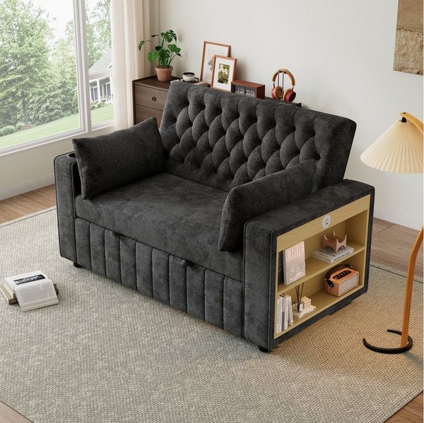 Merax Schlafsofa 3-in-1 Ausziehsofa, Sofa Klappsofa mit Schlaffunktion & USB-Anschluss für Wohnzimmer, mit verstellbarer Rückenlehne,USB-Ladeanschluss, Getränkehalter,Kissen