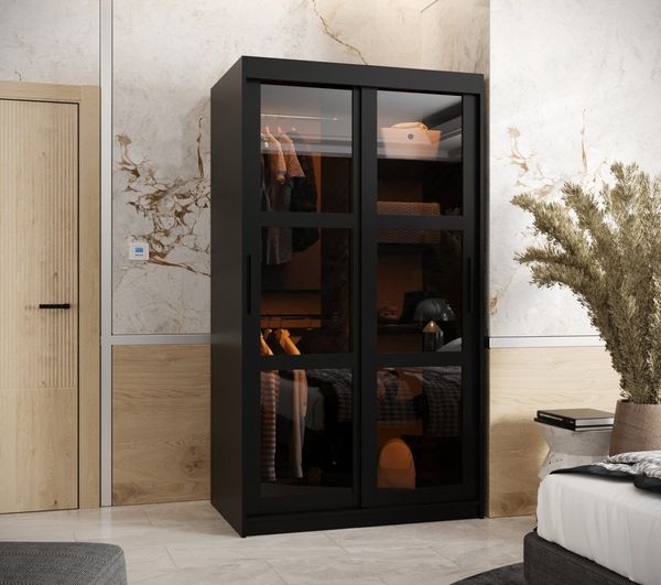 MOEBLO Schiebetürenschrank DEMO mit LED (Kleiderschrank Schwebetürenschrank 2-türig Schrank mit vielen Einlegeböden und Kleiderstange mit LED Gaderobe Schiebtüren Schlafzimmer- Wohnzimmerschrank Modern Design)