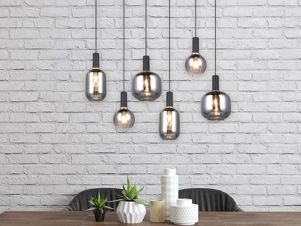 LED Pendelleuchte 6-flammig mit Glasschirmen Chrom bedampft, Breite 92cm