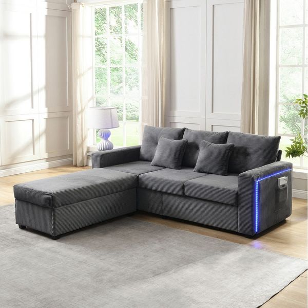 Merax 3-Sitzer L-förmiges Sofa mit LED-Beleuchtung, Wolkenweiches Sitzgefühl, Modulares Design, Cordstoff 1 Teile, 3-Sitzer Sofa mit Extra großer Ottoman, Seitentaschen & 2 Zierkissen