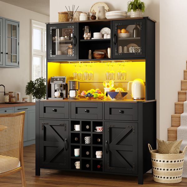 Hoher Küchenschrank mit USB-Anschlüssen und Steckdosen, Seitenschrank mit 4 Türen & 3 Schubladen,Sideboard mit LED-Lichtleiste, Küchenschrank, Aufbewahrungsschrank, Anrichte, Schwarz, 120×40×170cm