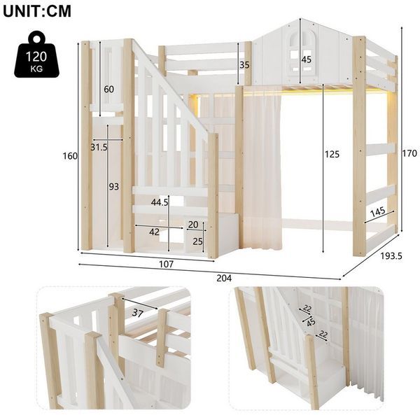 Ulife Etagenbett Hochbett Kinderbett mit LED-Leuchten, Fensterform, Ablageleiter (1-St, Ohne Matratze), Weiß+Natur, 140x200cm