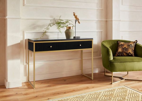 OTTO home Konsolentisch Fleuriss, Keramikplatte, goldene Beine, FSC-zertifiziertes Holz, Breite 110 cm