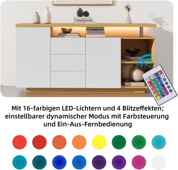 Sideboard 140 cm, Anrichte in Weiß & Holzoptik, Kommode mit 2 Türen, 3 Schubladen & 2 offenen Fächern Bild 6