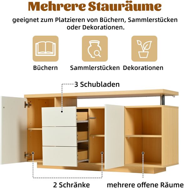 Sideboard 140 cm, Anrichte in Weiß & Holzoptik, Kommode mit 2 Türen, 3 Schubladen & 2 offenen Fächern Bild 8