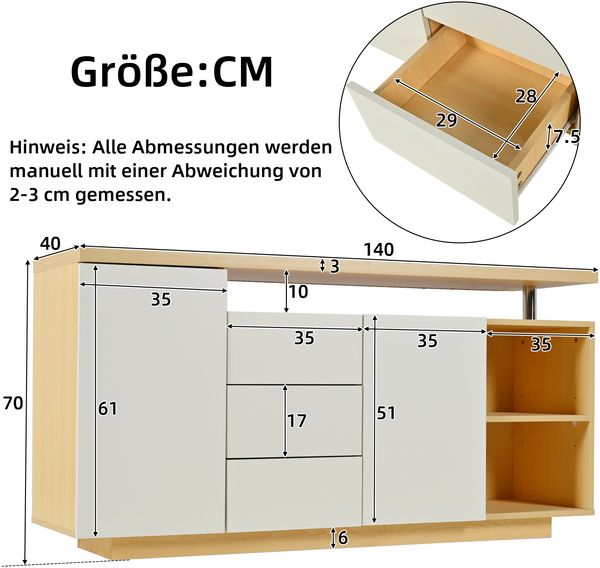 Sideboard 140 cm, Anrichte in Weiß & Holzoptik, Kommode mit 2 Türen, 3 Schubladen & 2 offenen Fächern Bild 10