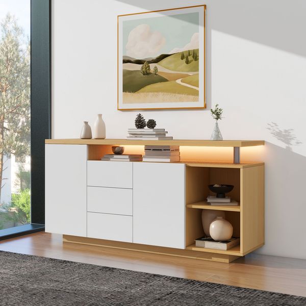 Sideboard 140 cm, Anrichte in Weiß & Holzoptik, Kommode mit 2 Türen, 3 Schubladen & 2 offenen Fächern