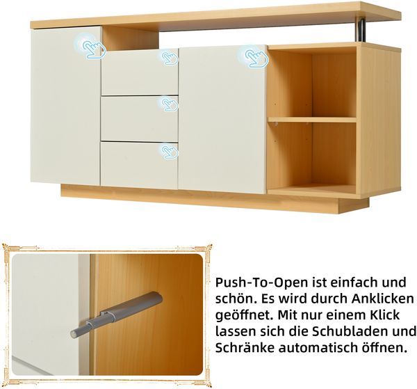 Sideboard 140 cm, Anrichte in Weiß & Holzoptik, Kommode mit 2 Türen, 3 Schubladen & 2 offenen Fächern Bild 9