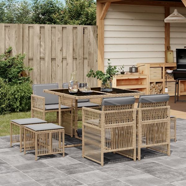 vidaXL 9-tlg. Garten-Essgruppe mit Kissen Beigemischung Poly Rattan 3210960
