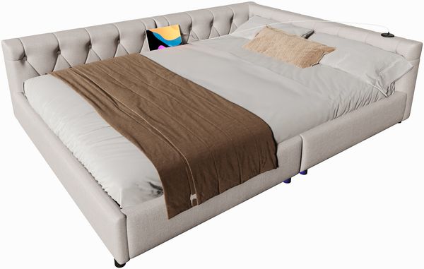 Merax Schlafsofa, Daybett, Tagesbett, 140x200cm, Schlafsofa mit Lattenrost (ohne Matratze), Ambientebeleuchtung mit Fernbedienung, Kopfteil mit Knopftuft, Usb+Typ-c, Leinen, Beige Bild 10