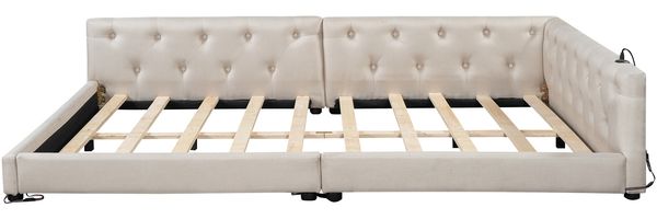 Merax Schlafsofa, Daybett, Tagesbett, 140x200cm, Schlafsofa mit Lattenrost (ohne Matratze), Ambientebeleuchtung mit Fernbedienung, Kopfteil mit Knopftuft, Usb+Typ-c, Leinen, Beige Bild 8