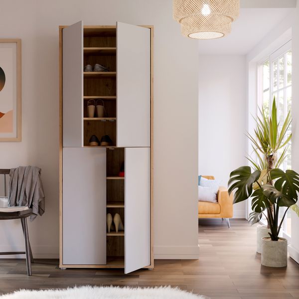 Forte ALICE SPRINGS Schuhschrank 70 80, moderner Flurschrank mit 4 Türen und 8 Einlegeböden, Holzwerkstoff, Grey / Artisan Eiche Holzdekor, 74,5 cm breit x 191,9 cm hoch x 34,9 cm tief