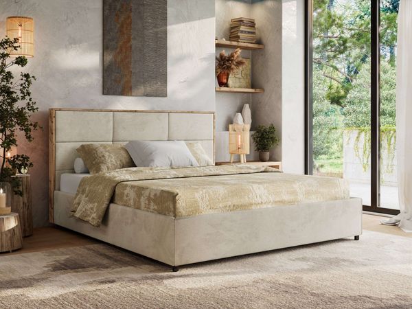 Premium Polsterbett LERIO CLASSIC 140 x 200 cm mit Stauraum, gepolstertem Kopfteil, Gasdruckfedern & Lattenrost - Modernes Design, Inkl. Lattenrost Foam Matratze - Beige Velvet - MIRO LUX