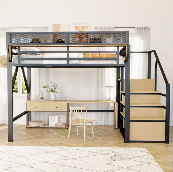 Odikalo Hochbett Jugendbett Metallbett Sicherheitsleiter Staufach 140x200 Weiß/Schwarz