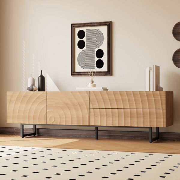 MODFU TV-Schrank Sideboard mit skulpturaler 3D-Textur & welliger Maserung (Packung, 1-St, 180x51,5x38 cm in Natural, 2 Türen, 2 Schubladen, Metallbeine) Heller Holzsockel unterstreicht das einzigartige Design