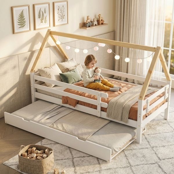 Novelux Baumhausbett 90x200 cm mit Ausziehbett 90x190 cm – Kinderbett aus Kiefer Massivholz in Weiß/Natur, Hausbett mit Rollbett und Rausfallschutz