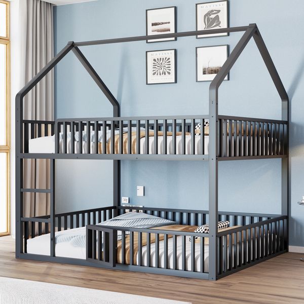 Metall-Etagenbett Hausform für Kinder & Jugendliche – Doppelbett mit Leiter,Sicherheitsgeländer & Tür,140x200 cm,Schwarz