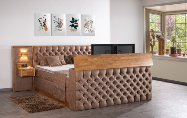 Meisterbetten Boxspringbett King 200x200 in MS-Grey, Matratzenbezug Optiflex, Ergoflex-Topper, Fußteil mit TV-Lift