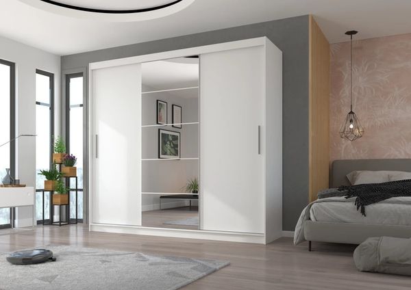MOEBLO Schiebetürenschrank VALENTIS 235 (mit Spiegel und Schubladen – Kleiderschrank mit 3 Schiebetüren, Regalen und Kleiderstange – Moderner Garderobenschrank – Weiß / Kaschmir) (BxHxT): 235 x 215 x 59 cm