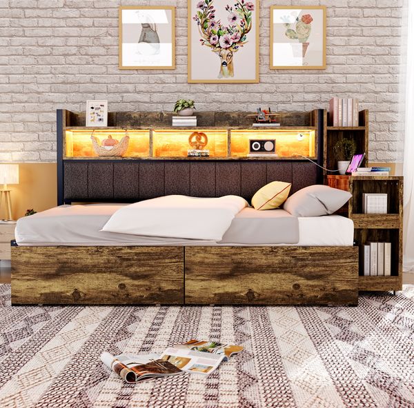 Bett 90x200 cm mit Stauraum und Schreibtisch – Metall & Holz, Natural Wood