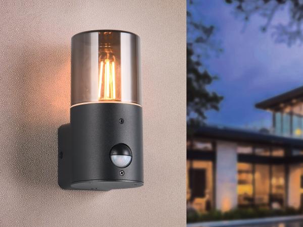 LED Außenwandleuchte Rauchgrau Schwarz mit Bewegungsmelder, Höhe 17,5cm