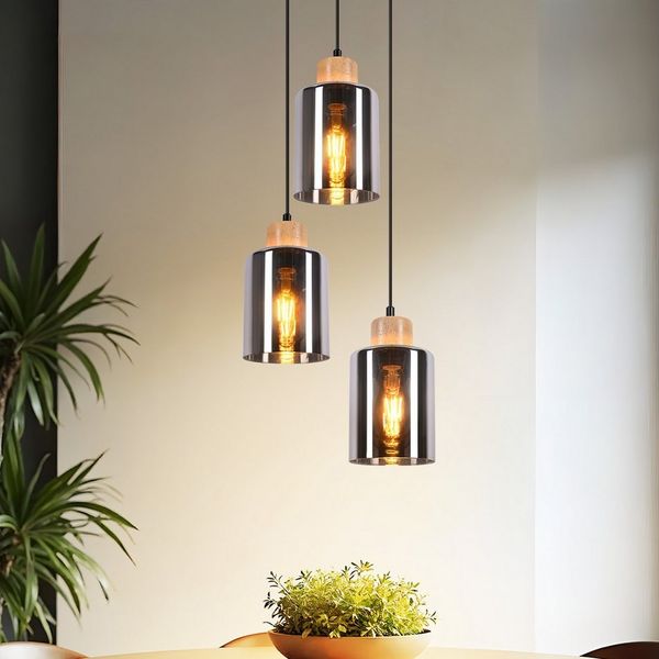 Nettlife Pendelleuchte Holz esstisch Vintage 1/3/4 flammig E27 Esszimmerlampe Industrial, Höhenverstellbar, LED wechselbar, Rauchglas Hängelampe für Küche Esszimmer Flur