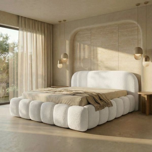 yourhouse24 Polsterbett Orlando Slim Bouclé kompaktes Wolkenbett mit Bettkasten, Bubble-Optik & Japandi