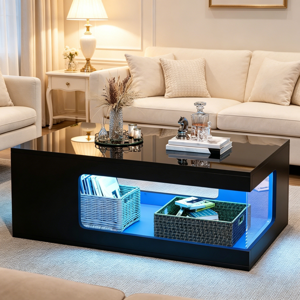 Merax Couchtisch 50*100*35cm, durchbrochener Teetisch, großer Hochglanz-kaffeetisch mit Ablageflächen aus gehärtetem Glas auf beiden Seiten, Beistelltisch mit LED-Lichtleiste, Schwarz